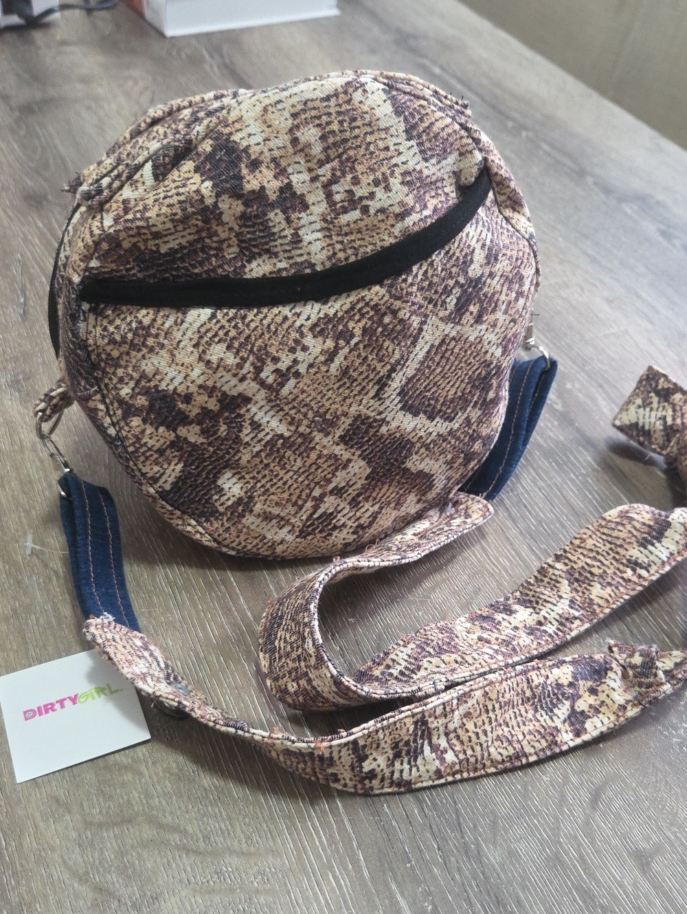 NEW! Upcycled Handmade Snake-Print Round Crossbody Denim Bag in Brown Beige Tan